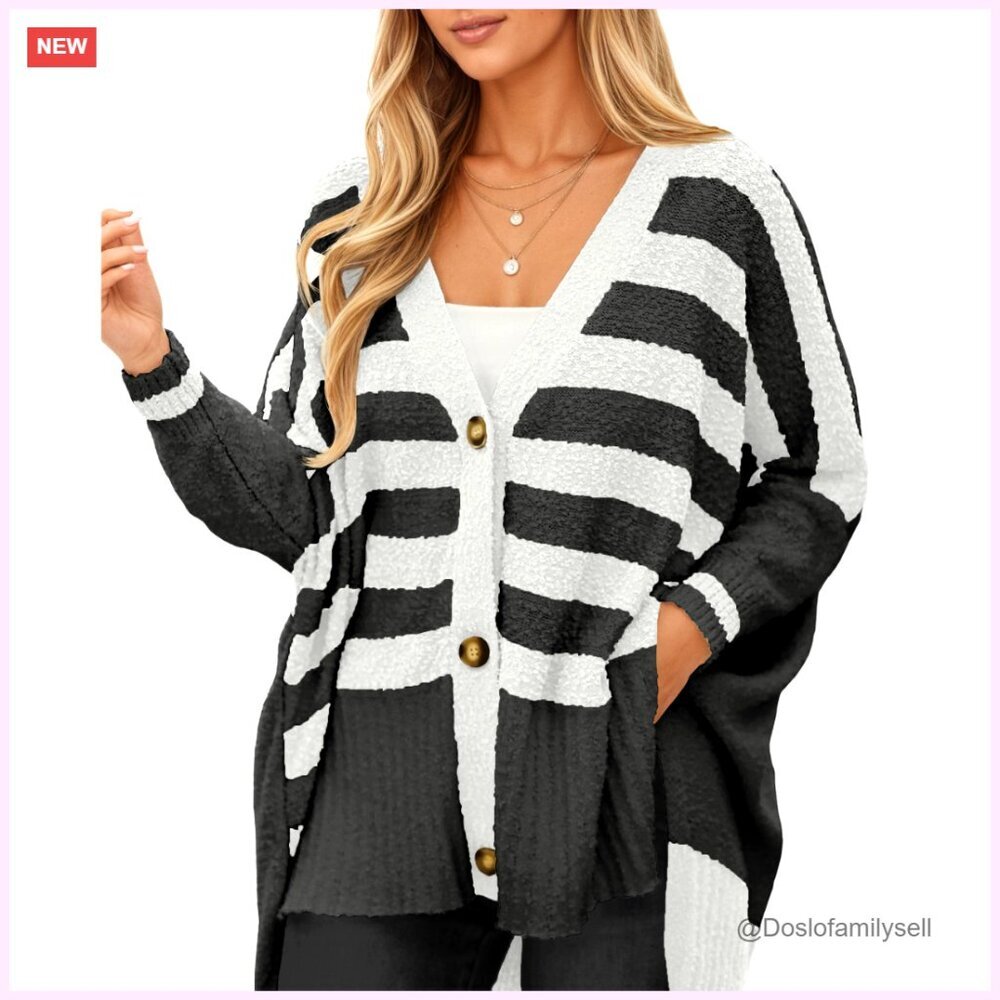 Oversized Fuzzy Knit Cardigan, V-Neck Button Up, Side Slit, Fall Winter Sweater - Picture 1 of 7